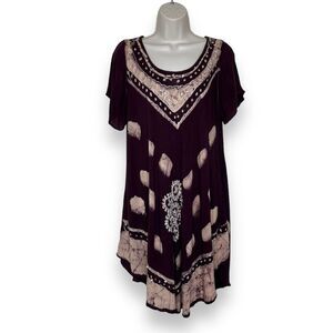 Sunflower Tie Dye Sequins Embroidered Burgundy Crinkle Dress Womens Free Size